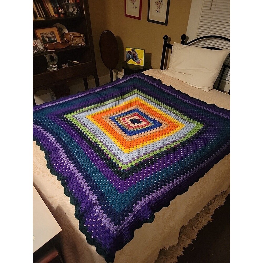 Vtg Handmade Retro Boho Rainbow Granny Square Blanket Throw Afghan - 56 X 56